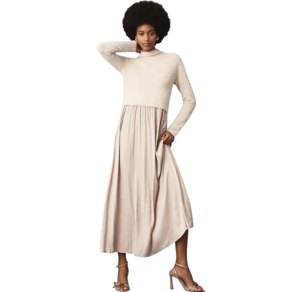 Anthropologie Thea Long-Sleeve Twofer Maxi Dress L Beige Whimsigoth Cozy Chic